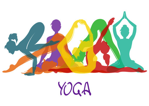Seven silhouettes of girl in yoga poses