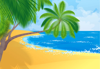 Tropical Beach with coconut palm trees. Vector.