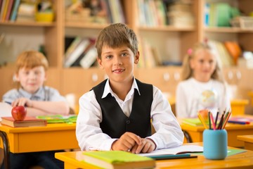 Little schoolboy  sitting behind school desk