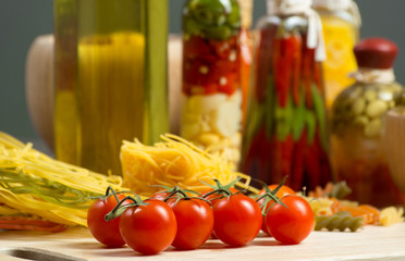 close-up of cherry tomatoes and pasta