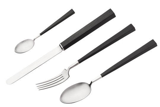 New cutlery set - spoon, fork and knife flatware, isolated on wh
