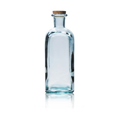 Empty glass bottle with cork stopper isolated on white.