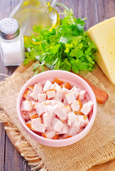 ingredients for salad, chicken and cheese