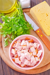 Fototapeta na wymiar ingredients for salad, chicken and cheese