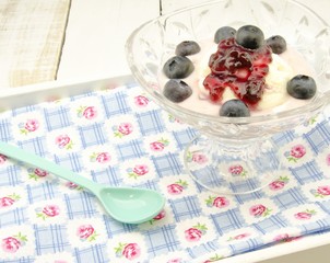 Helado con crema de yogur,mermelada y arandanos