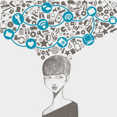 social network head with several icons