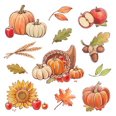 Collection of watercolor autumn illustrations. Thanksgiving set