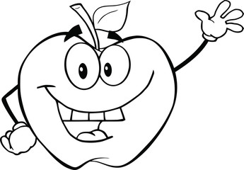 Black And White Apple Cartoon Character Waving For Greeting