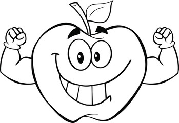 Black And White Apple Cartoon Mascot Character With Muscle Arms