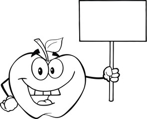 Black And White Apple Cartoon Character Holding Up A Blank Sign
