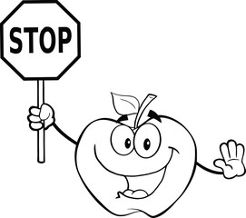Black And White Apple Cartoon Character Holding A Stop Sign