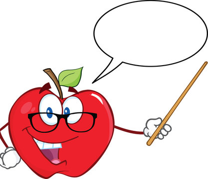 Smiling Apple Teacher Character With A Pointer And Speech Bubble