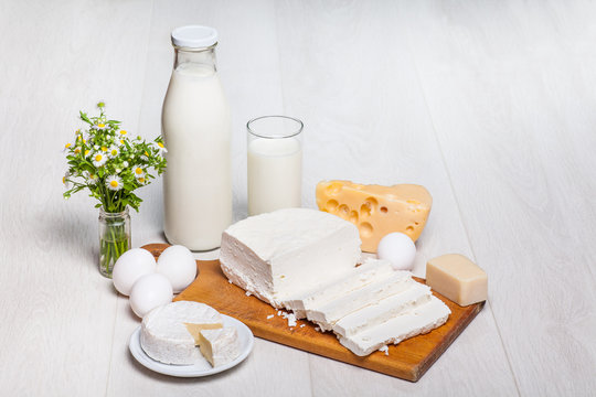 milk and food on wooden background