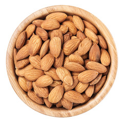 Almonds in a brown wooden bowl isolated on white background