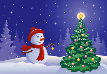 Snowman decorating a tree