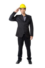 young foreman or engineer with yellow hard hat in suit isolated