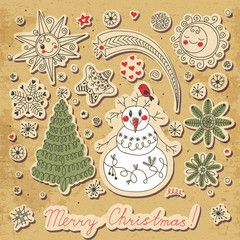 Vintage card with a set of Christmas items. Snowman, Christmas..