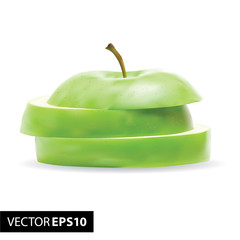 Fresh green realistic apple in slices, healthy lifestyle concept