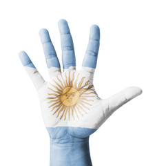 Open hand raised, multi purpose concept, Argentina flag painted