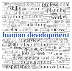 Human development concept in tag cloud on white background