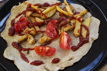meat potato fries cherry and ketchup