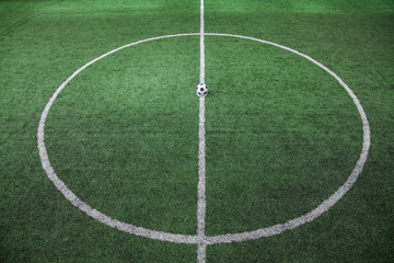 Obraz premium Soccer field with soccer ball on the line, high angle view