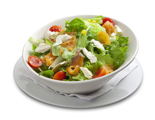 Healthy salad with smoked salmon,cheese,corn,cherry tomato