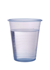 Transparent blue plastic cup of water isolated ver white