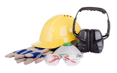 Safety equipment or PPE - personal protective equipment - with hard hat, safety glasses, gloves,...