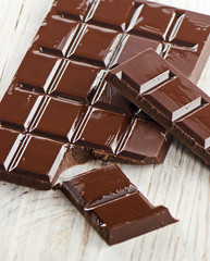 Broken chocolate bar  on wooden table
