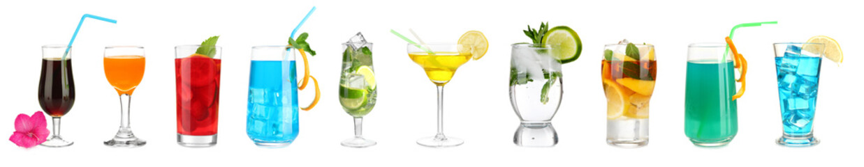 Lot of different cocktails and drinks isolated on white