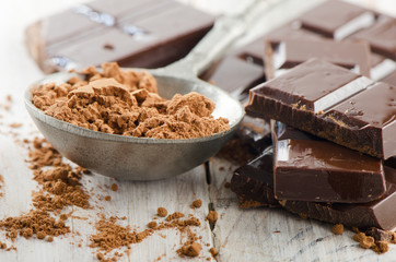 Cocoa powder and broken chocolate bar and on a wooden table