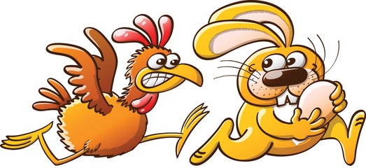 Naklejka premium Easter Bunny Stealing an Egg from a Furious Hen