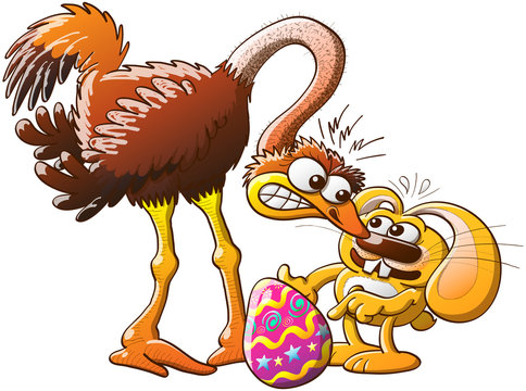 Easter bunny facing a mad ostrich after stealing her egg