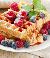 waffles with blueberries and raspberries.