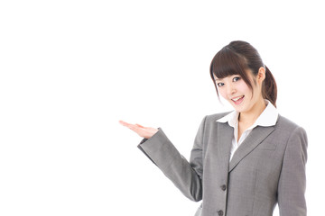 young businesswoman showing on white background