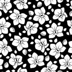 Papier Peint photo Fleurs noir et blanc Modèle sans couture avec des fleurs d& 39 orchidées. Illustration vectorielle.