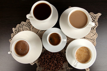 Assortment of different hot coffee drinks close up