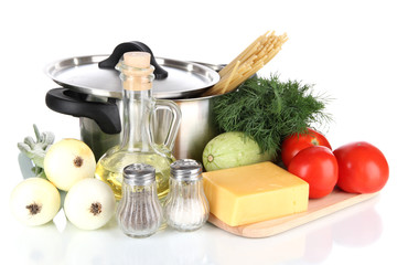 Ingredients for cooking pasta isolated on white