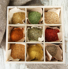 Assortment of spices in wooden spoons and box,