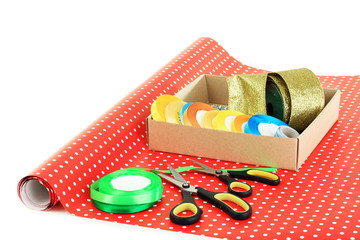 Obraz premium Materials and accessories for wrapping gifts isolated on white