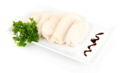 Boiled chicken meat with balsamic sauce, isolated on white