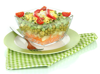 Tasty salad with fresh vegetables, isolated on white