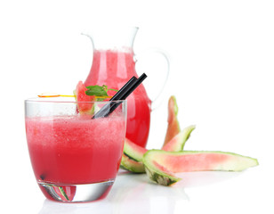 Glass of fresh watermelon juice, isolated on white