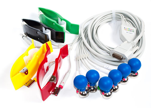 ECG Electrodes And Cable isolated over white