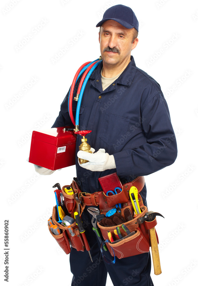 Wall mural plumber with a tool belt.