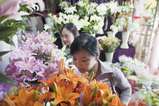 Two Mature women Looking At Flowers In Flower Shop
