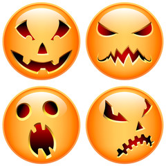 Set of four vector halloween buttons. Happy, scared, evil, smirk