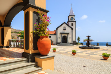 Traditional Portuguese church square, Madeira island - obrazy, fototapety, plakaty