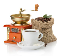 cup of coffee and beans on white